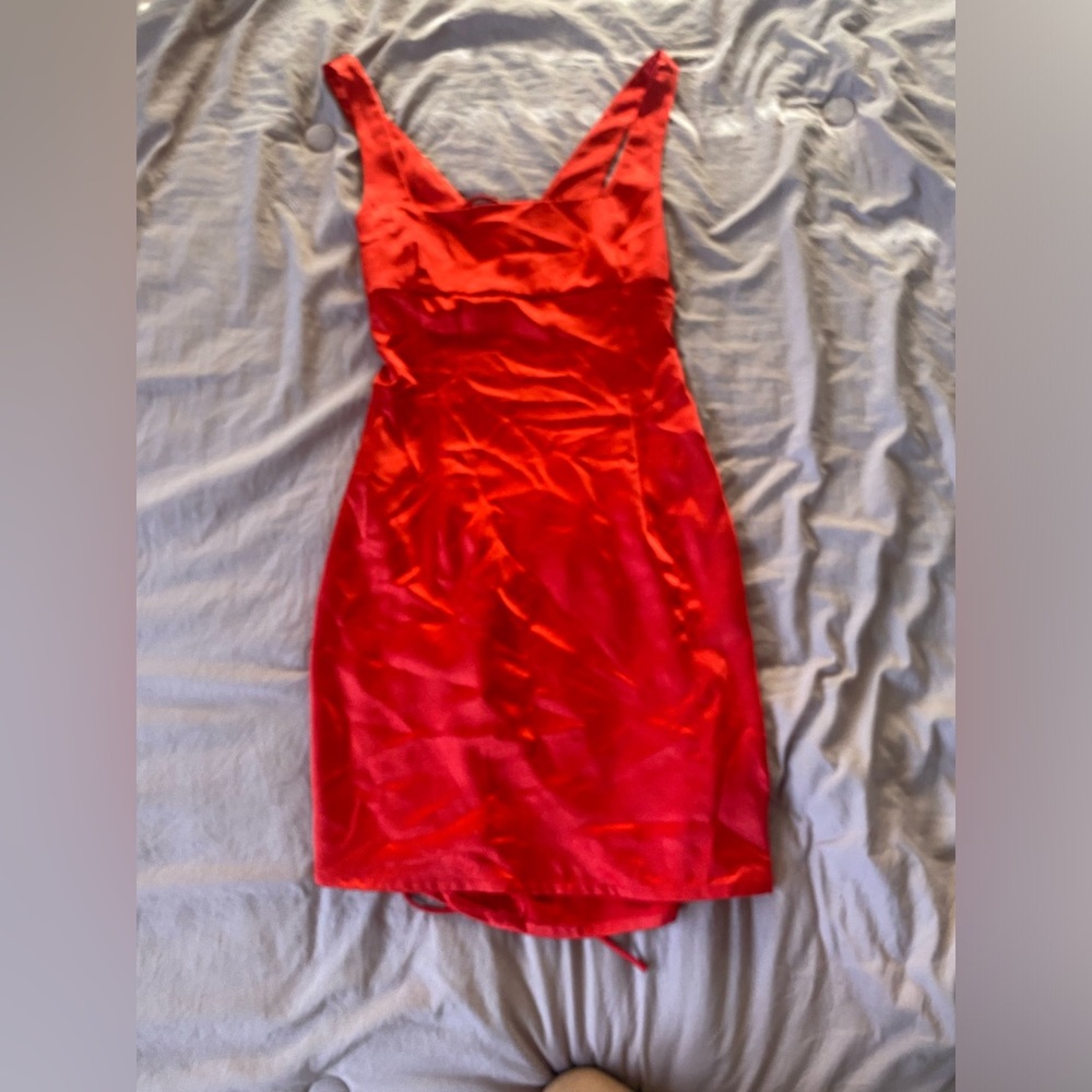 Red satin backless mini dress